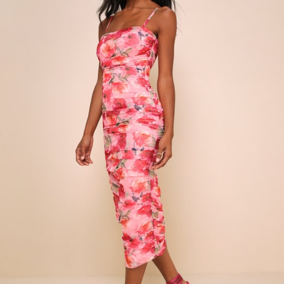 Lulus Blossoming Excellence Pink Floral Mesh Ruched Midi Dress - Size M - Picture 1 of 8